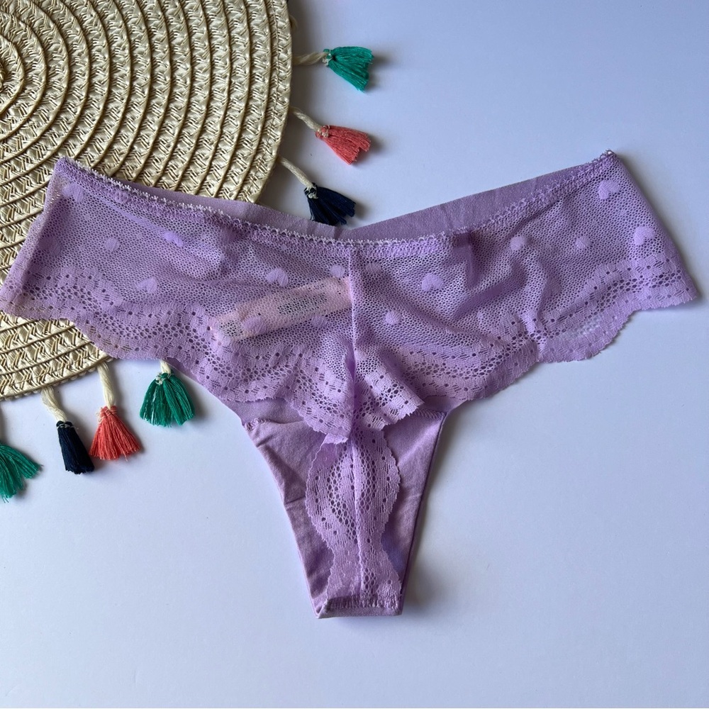 Victoria's Secret No-Show Heart Mesh-Back Thong Panty Charmed Violet Medium NEW
